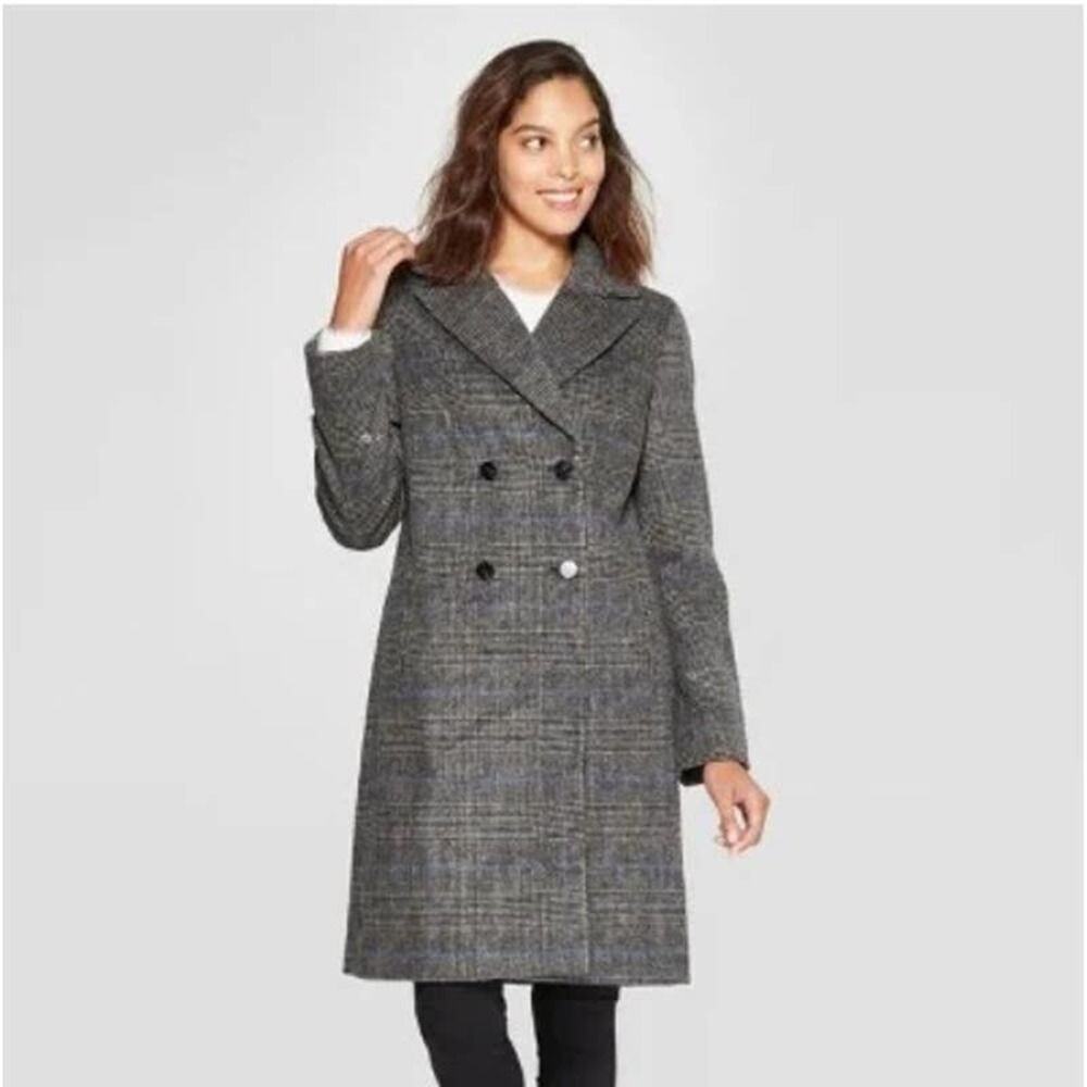 A New Day Blue Black Plaid Double Breasted Coat Size M